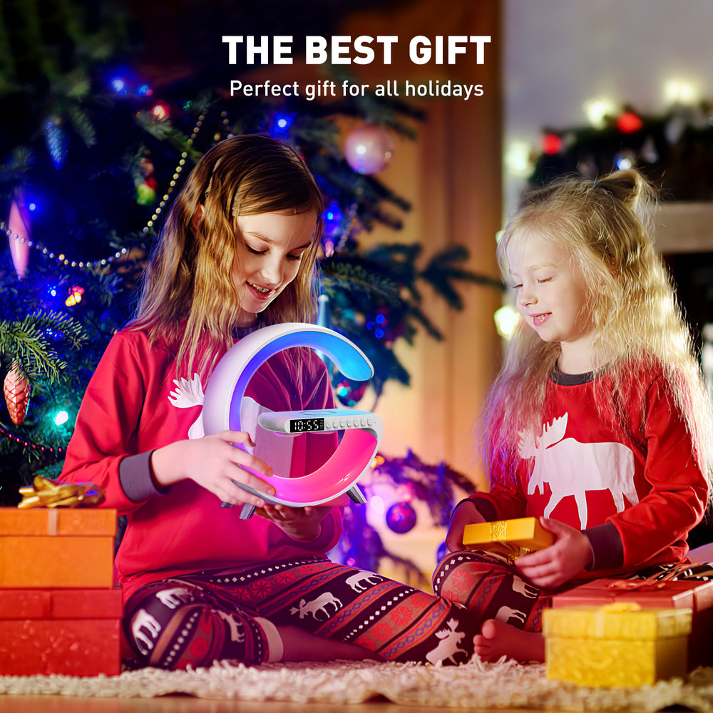 GPED Alarm Clock, Digital Alarm Clock Radio with Wireless Charging & LED Table Lamp, Bluetooth Speaker & FM Radio, 4 in 1 Dimmable Night Light Touch Lamp Clock W/ LED Display, Desk Clock for Bedroom